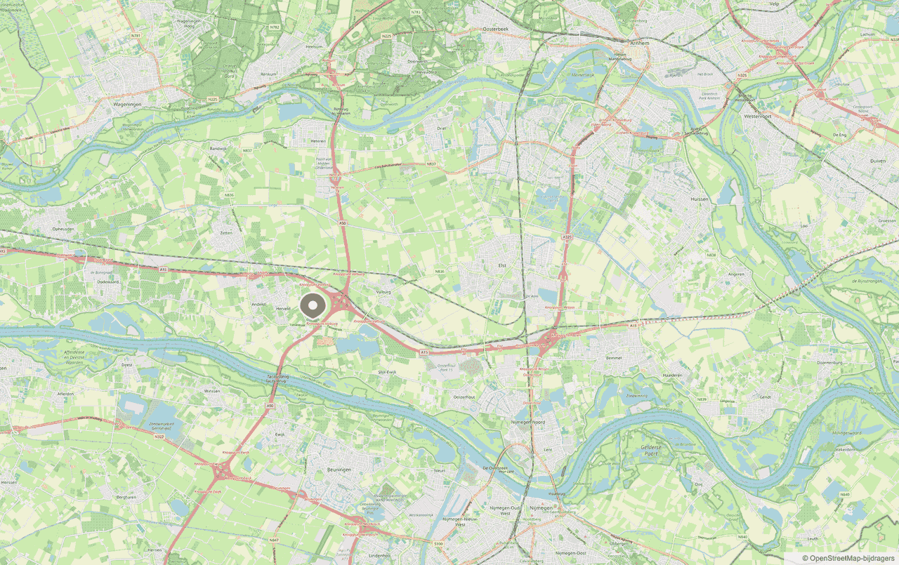 Kaart met de locatie van Van Rijbroek Hoveniers in Herveld en het werkgebied in de regio Arnhem, Nijmegen en de Betuwe